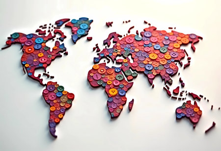 A striking representation of the world shaped from assorted buttons, showcasing colorful regions and diverse cultures. This artistic creation emphasizes unity and creativity through unique textures.の素材