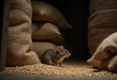 A small rodent cautiously navigates through a dimly lit grain storage area. Surrounding it are burlap sacks filled with grains, dust motes dance in the soft light, enhancing the cozy atmosphere.の素材
