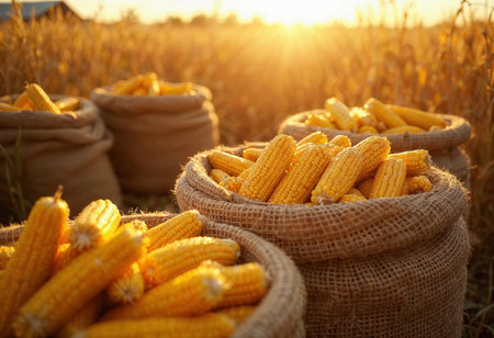 Baskets filled with freshly harvested corn sit in a golden field, illuminated by the soft light of sunset. The tranquil atmosphere showcases the beauty of the harvest season's bounty.の素材