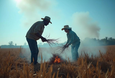 Two farmers carefully manage a controlled burn in a field of golden crops. Smoke billows into the sky as they work together, highlighting agricultural practices at twilight.の素材