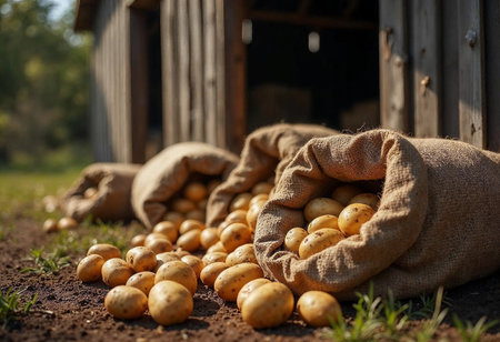 Golden potatoes spill from burlap sacks onto the earthy ground near a weathered wooden shed, capturing the essence of autumn's harvest season in a tranquil countryside setting.の素材