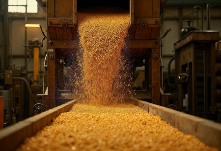 Vibrant golden grains cascade from machinery onto a long conveyor belt, symbolizing the harvest season in a busy factory. The atmosphere is filled with energy and anticipation of abundance.の素材