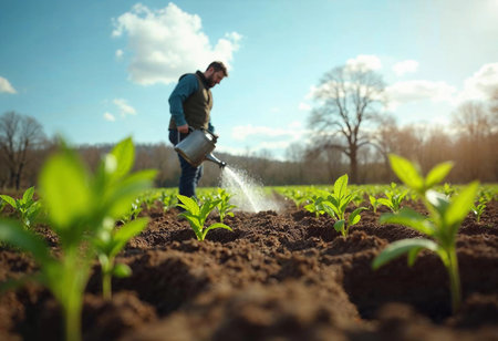 A dedicated gardener waters vibrant green seedlings emerging from rich, brown soil. The sun sets, casting a warm glow, enhancing the beauty of this spring day in a peaceful landscape.の素材