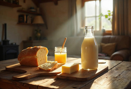 A rustic breakfast setting features freshly baked bread, a jar of honey, a bottle of milk, and a slice of butter on a wooden table, all illuminated by soft morning sunlight.の素材