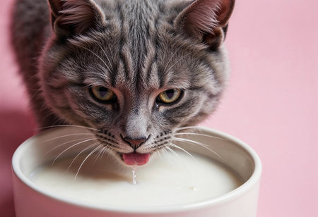 A playful gray cat leans over a white bowl, licking up creamy liquid with its tongue. The soft pink background enhances the adorable moment, capturing the cat's curiosity and delight.の素材