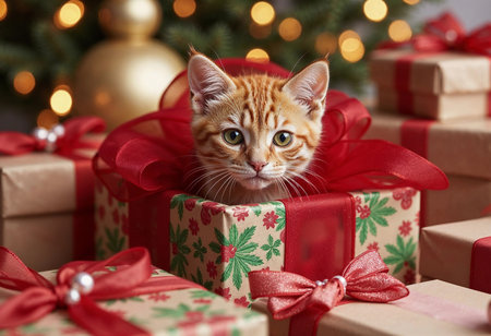 A playful orange tabby kitten is nestled inside a patterned gift box adorned with red ribbons. Surrounding it are gracefully wrapped presents and a shimmering Christmas tree in the background.の素材