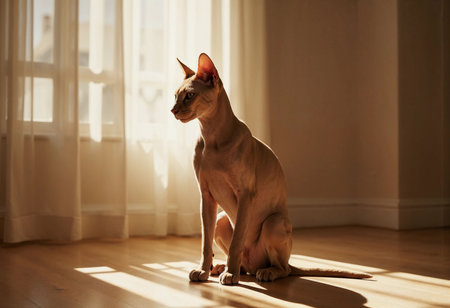 A playful cat gazes thoughtfully while perched on a wooden floor, illuminated by warm sunlight streaming through delicate curtains. The tranquil atmosphere enhances its feline charm.の素材