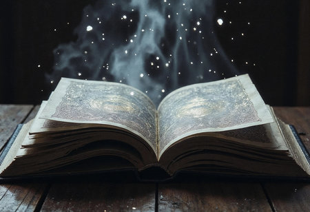An ancient book lies open on a rustic wooden table, emitting swirling wisps of light and magical energy. The dim ambiance creates a mystical vibe, inviting the imagination to wander.の素材