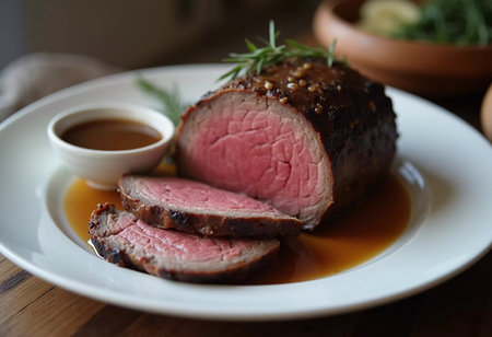 Succulent roast beef sits gloriously on a plate, perfectly cooked to a pink center, alongside a rich gravy and fresh herbs, evoking a warm, inviting atmosphere for a cozy meal.の素材