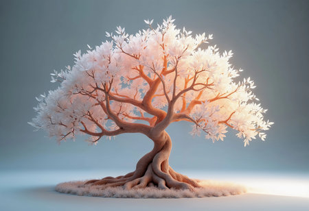 A magnificent tree with intricate branches and soft pink blossoms stands gracefully in a peaceful setting, enveloped in a warm glow as dusk approaches, showcasing nature's beauty.の素材