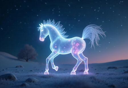 A magnificent unicorn with a shimmering, ethereal glow gallops gracefully across a snowy field. Stars twinkle above in the twilight sky, illuminating the tranquil winter landscape.の素材