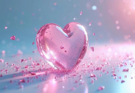 A translucent pink heart sits gracefully on a reflective surface, surrounded by sparkling crystal shards. Soft pastel hues create a dreamy atmosphere, evoking feelings of love and tenderness.の素材