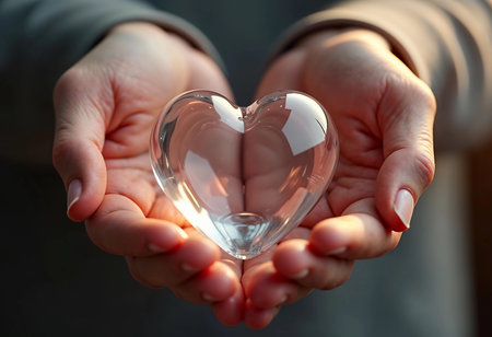 Two hands cradle a delicate heart-shaped crystal, reflecting soft light. This tender act conveys warmth and connection, evoking feelings of love and intimacy in a serene moment.の素材