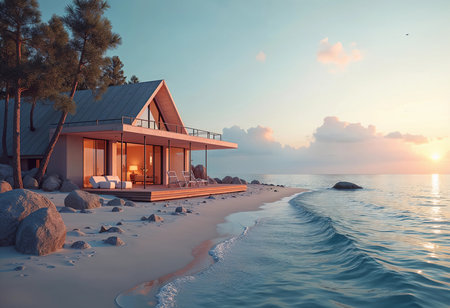 A charming retreat rests peacefully by the shore, bathed in the warm hues of sunset. Waves softly lap at the sandy beach, surrounded by serene trees and rocky formations.の素材