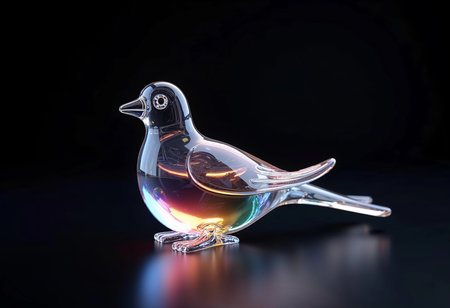 A stunning glass bird, reflecting radiant hues of color, stands gracefully against a dark backdrop. Its intricate design showcases craftsmanship, infusing the setting with charm and elegance.の素材