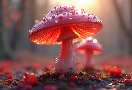 In a serene forest at dawn, vibrant red mushrooms adorned with droplets shimmer softly. Surrounding them, tiny red berries add a magical touch to the enchanting woodland scene.の素材