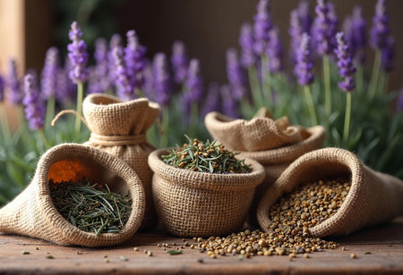 Various burlap sacks are filled with aromatic herbs and spices, elegantly displayed against a backdrop of vibrant lavender flowers swaying gently in the breeze.の素材