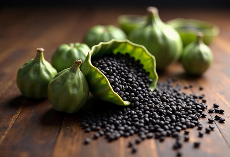 A vibrant display of freshly harvested black lentils pours from a green pod, surrounded by more pods. The warm wooden background enhances the natural beauty of the ingredients.の素材