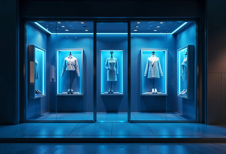 Displayed garments stand elegantly in a boutique window illuminated with a vibrant blue glow. The sleek design showcases modern apparel, creating an inviting atmosphere for passersby.の素材
