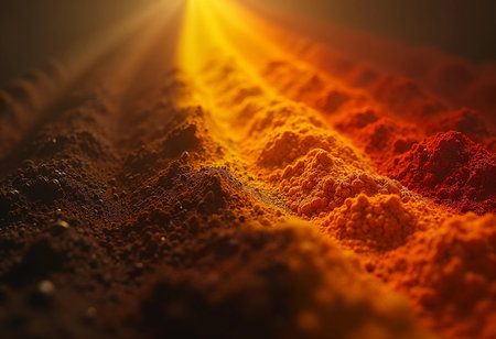 Colors of ground spices form vibrant mounds under soft evening light, creating a stunning display. This marketplace captures the essence of culinary traditions and rich flavors.の素材