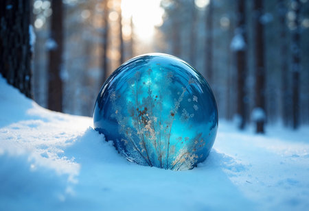 A stunning blue sphere sits partially buried in soft snow, surrounded by tall trees. The winter sun filters through, casting a magical glow on the frosty landscape.の素材