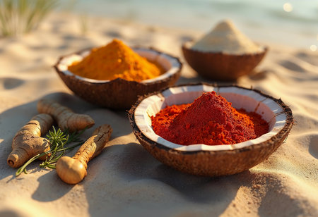 Three bowls made from coconut shells rest on soft sand, showcasing vibrant spices. Turmeric, red chili powder, and a yellow spice lie alongside fresh roots, celebrating flavor and culture.の素材