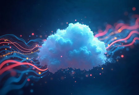 A vibrant cloud hovers amid waves of glowing light in a digital cosmos. The atmosphere is filled with dynamic energy, creating a captivating fusion of nature and technology.の素材