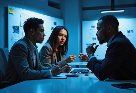 In a sleek, modern office, three professionals are deeply involved in a serious conversation, illuminated by a cool blue light. Tension fills the air as ideas are exchanged.の素材
