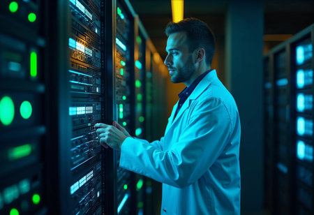 Focused on his task, a technician adjusts equipment in a high-tech server room illuminated by glowing lights. Nighttime ambiance enhances the technological atmosphere and intensity.の素材
