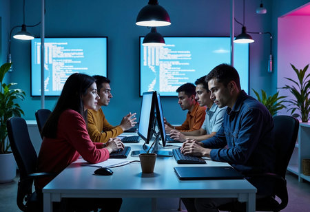Five individuals focused on their screens engage in collaborative brainstorming, surrounded by plants and illuminated by colorful lights in a lively tech workspace.の素材