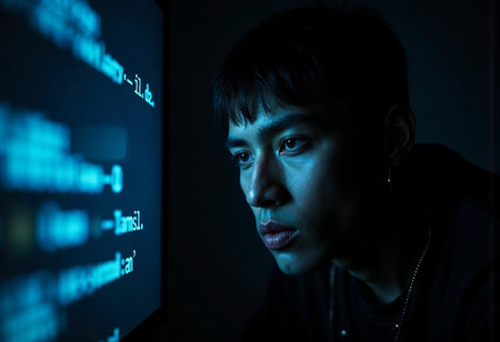 A young coder focuses intently on the glowing screen, surrounded by darkness. The soft blue light illuminates his concentrated expression as he delves into complex coding tasks late at night.の素材