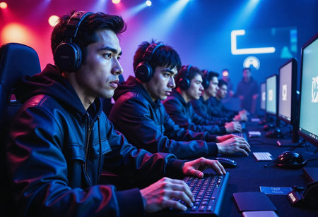 Under colorful lights, dedicated players immerse themselves in a high-stakes esports tournament, showcasing their skills and teamwork in a thrilling gaming experience at an advanced venue.の素材