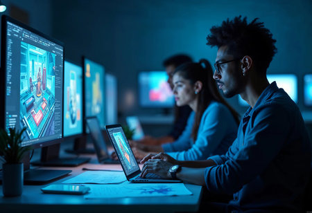 A group of talented individuals engage in digital design work at their computers. The blue lighting and focused expressions create an atmosphere of creativity and innovation in the late hours.の素材