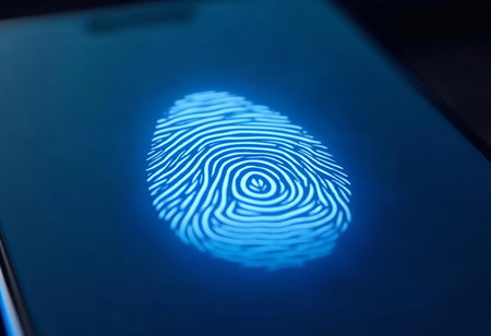 A luminous fingerprint is displayed on a modern smartphone screen, creating an alluring contrast against the dark backdrop. The high-tech design showcases advanced security technology.の素材