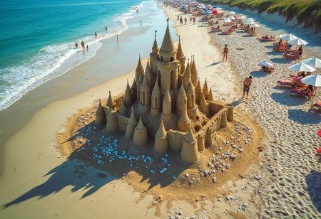 A stunning sandcastle rises majestically along a picturesque beach. Happy sunbathers and playful beachgoers surround it, enjoying the vibrant seaside atmosphere under the clear blue sky.の素材