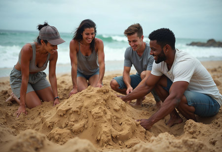 Group of four friends gather on a sandy shore, enthusiastically crafting a sandcastle. The ocean waves crash gently in the background as they share laughter amidst the clouds.の素材