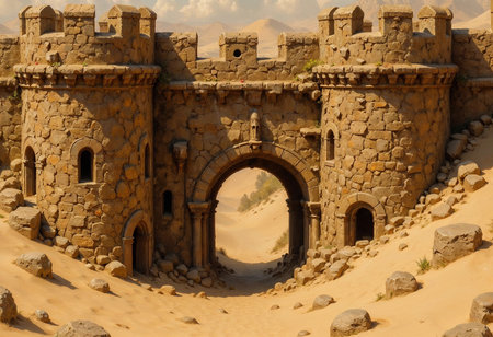 Beneath a vast sky, an ancient fortress stands proudly amid golden sand dunes. Its weathered stone walls tell tales of a long-lost civilization, bathed in warm sunlight.の素材