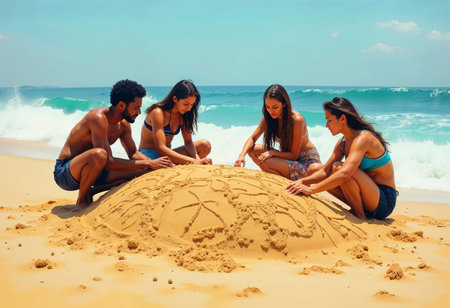 Friends gather joyfully on a warm beach, crafting an intricate sand sculpture while waves gently crash in the background. Laughter and teamwork fill the air under a bright blue sky.の素材
