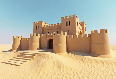 A stunning sandcastle stands proudly in a vast desert, its intricate towers and walls bathed in sunlight. The surrounding golden dunes create a tranquil atmosphere, inviting exploration.の素材