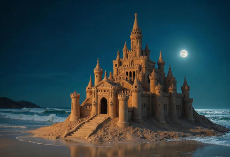 Crafted from golden sand, an intricate sandcastle towers majestically against a deep blue sky. Gentle waves lap the shore as the moon illuminates this stunning seaside creation.の素材