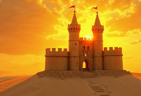 This magnificent sandcastle, complete with towers and flags, captures the warmth of a breathtaking sunset. Soft sands surround it, creating a serene beach atmosphere as the day ends.の素材