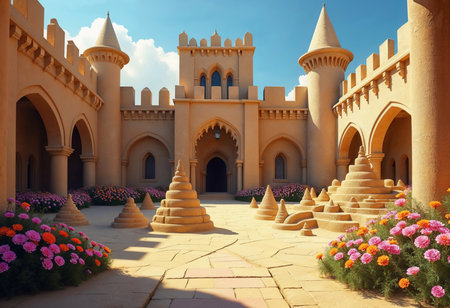 In a vibrant courtyard filled with blooming flowers, intricately sculpted sand castles rise elegantly against a blue sky. Arches and turrets create a stunning backdrop for this serene setting.の素材