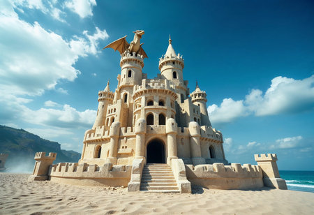A grand sandcastle rises from the golden beach, adorned with towers and a dragon perched atop. The azure sky and gentle waves create a magical atmosphere of summer bliss.の素材