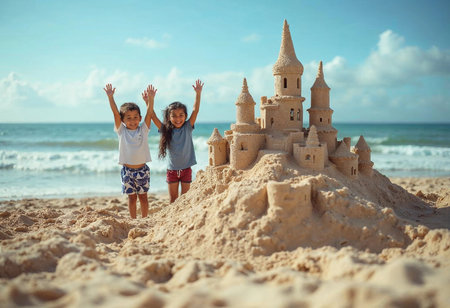 Two delighted children stand beside a magnificent sandcastle at the beach, arms raised in triumph. The sun shines brightly overhead as gentle waves lap at the shore in the background.の素材