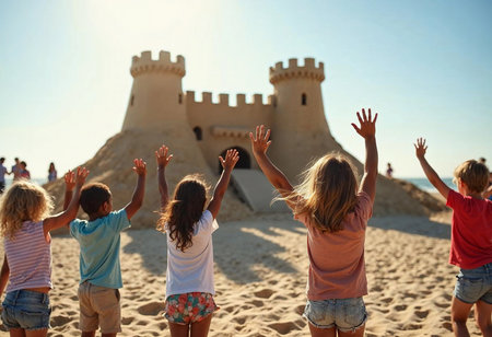 A group of excited children with raised hands enjoys their day at the beach, celebrating a stunning sandcastle creation. The sun shines brightly on this joyful afternoon by the shore.の素材
