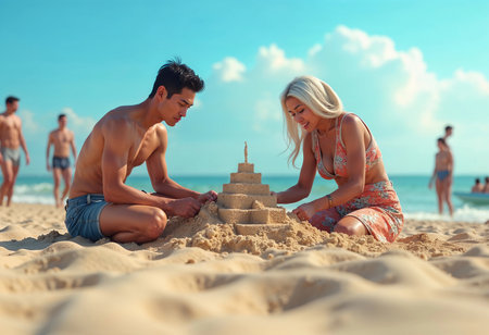 A young couple skillfully crafts a detailed sandcastle on a warm beach, surrounded by clear blue waters and fluffy clouds. Laughter and joy fill the air as they work together.の素材