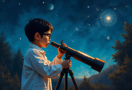 A young boy stands mesmerized, peering through a telescope under a starlit sky. Surrounding him, the beauty of distant galaxies and celestial wonders ignites his imagination as night falls.の素材