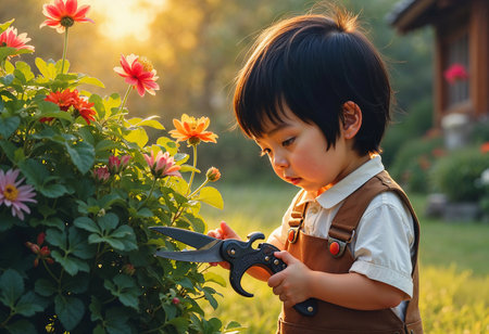 Amidst blooming flowers, a young child carefully prunes blossoms with garden scissors, sunlight illuminating their joyful exploration in a serene outdoor space during golden hour.の素材