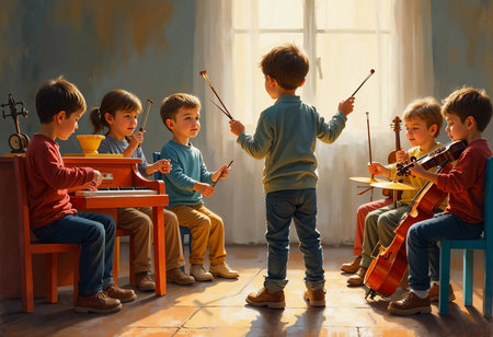 A group of children joyfully plays various instruments under the warm glow of sunlight streaming through the window, showcasing teamwork and creativity in a vibrant music room.の素材