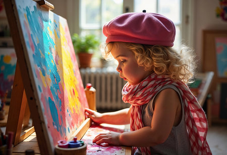 A young child with curly hair, wearing a pink beret and scarf, focuses intently on painting a vibrant canvas in a sunlit home studio filled with artistic supplies.の素材
